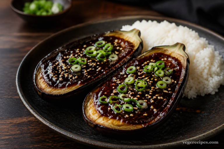 Miso-glazed Japanese eggplant halves topped with sesame seeds and scallions, served with rice