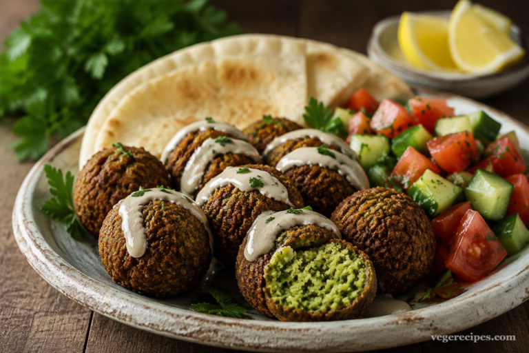 Crispy falafel balls with tahini sauce, pita bread, and a fresh tomato-cucumber salad