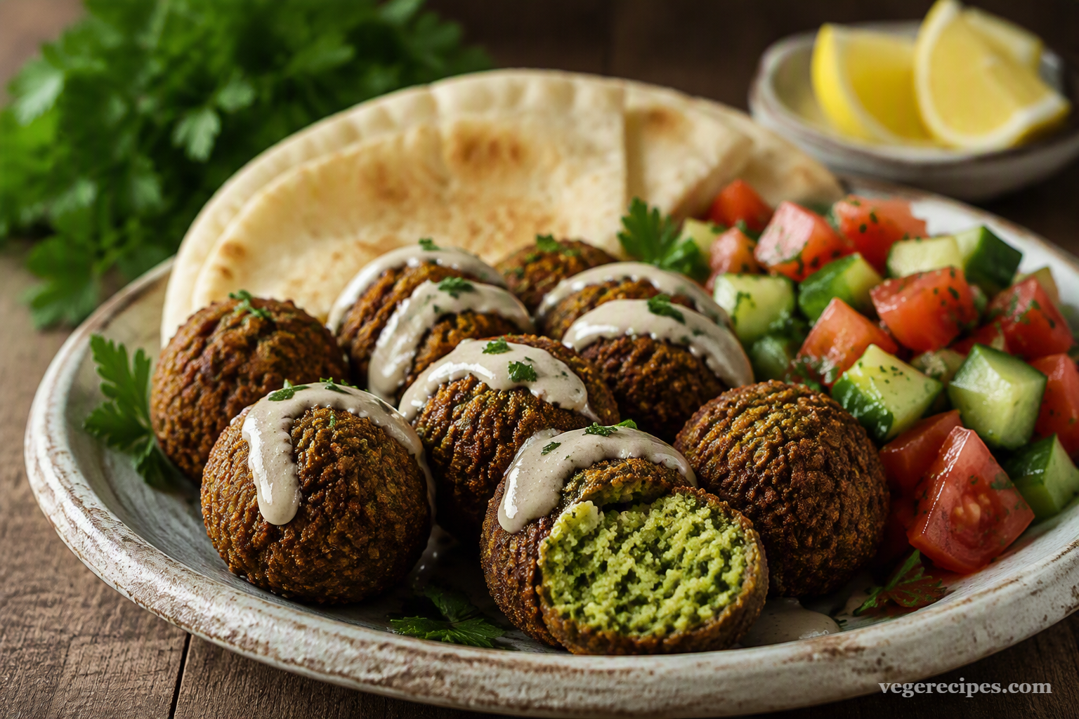 Crispy falafel balls with tahini sauce, pita bread, and a fresh tomato-cucumber salad
