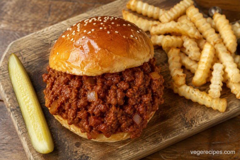 Overhead shot of a vegetarian TVP sloppy joe sandwich on a sesame bun with crinkle-cut fries and a pickle spear on a wood board