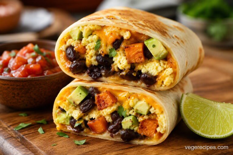 Two breakfast burritos sliced in half showing scrambled eggs, black beans, roasted sweet potato, cheese, and avocado, with salsa and a lime wedge