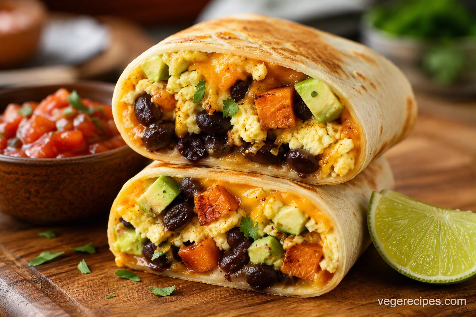Two breakfast burritos sliced in half showing scrambled eggs, black beans, roasted sweet potato, cheese, and avocado, with salsa and a lime wedge