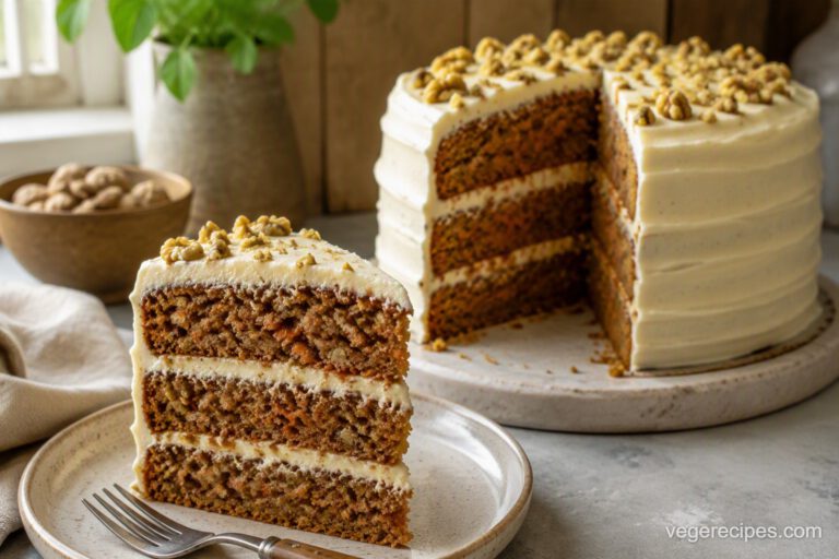 A sliced three-layer vegan carrot cake with cream cheese frosting and walnuts on top, showing the moist cake layers