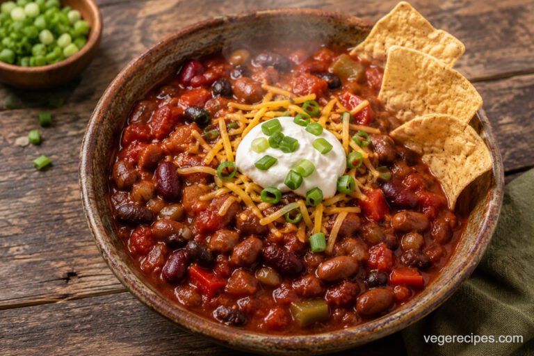 Overhead shot of a bowl of hearty three-bean veggie chili topped with sour cream, shredded cheese, scallions, and tortilla chips