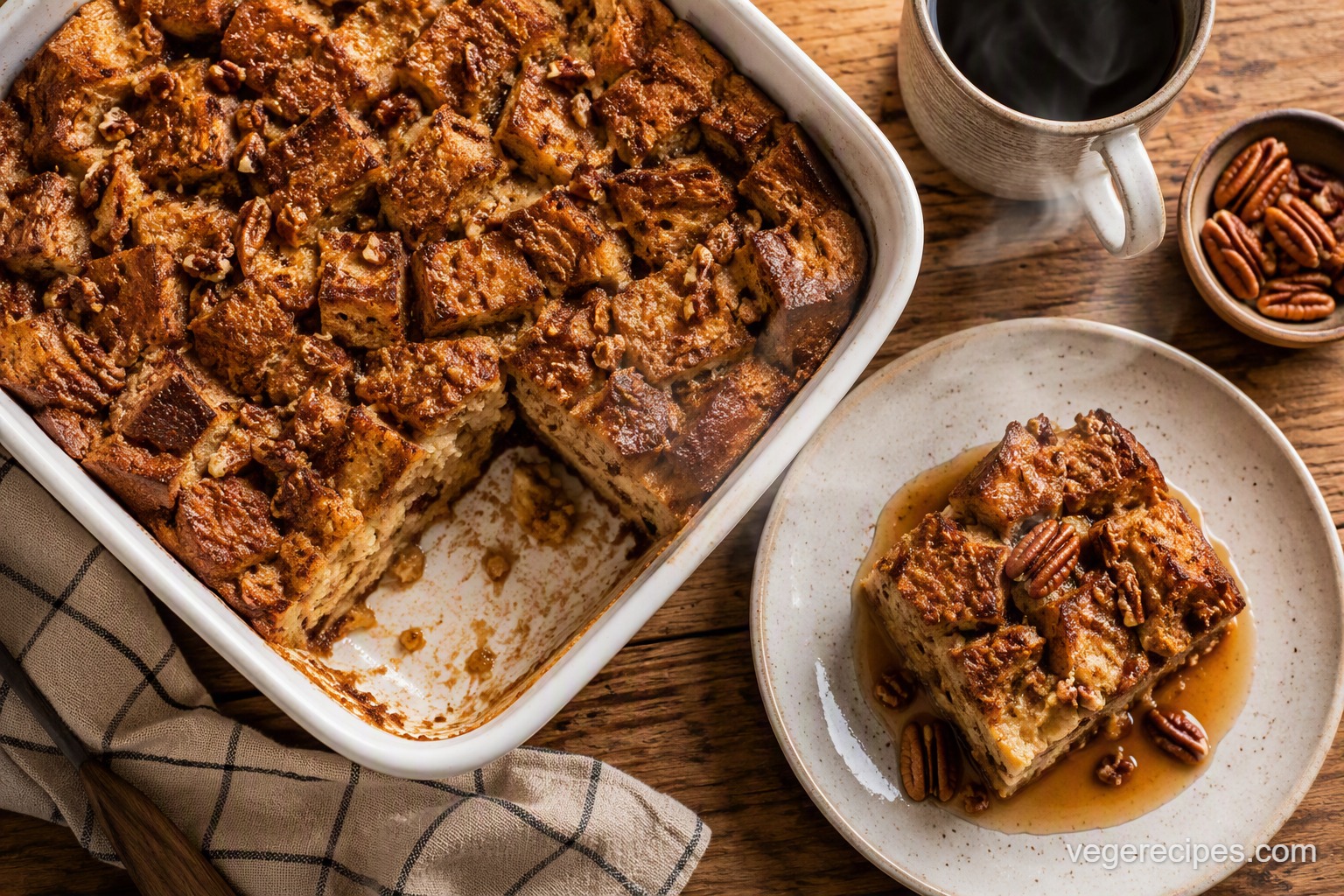 A baking dish of golden-brown cinnamon French toast casserole topped with pecans, with a serving on a plate drizzled with maple syrup and a cup of coffee alongside