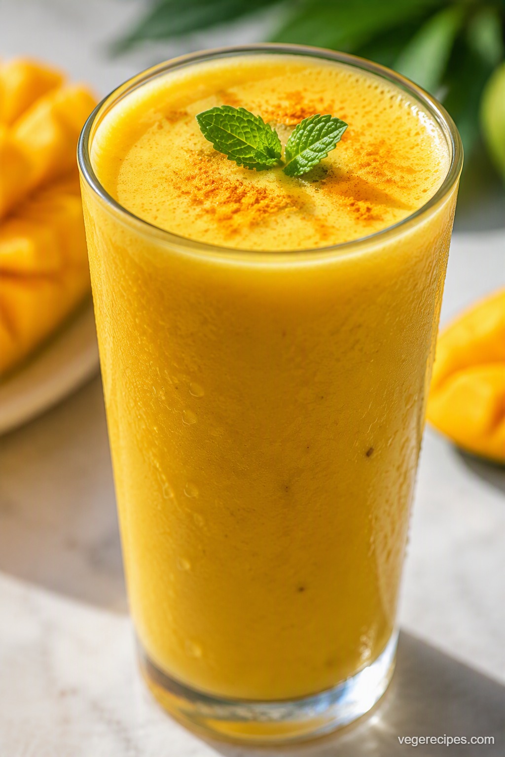 A tall glass of golden mango turmeric lassi garnished with mint leaves and a dusting of turmeric, fresh mango in the background
