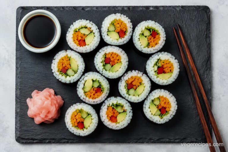 Overhead shot of vegetable sushi rolls with avocado, cucumber, and carrot on a slate board with soy sauce, pickled ginger, and chopsticks
