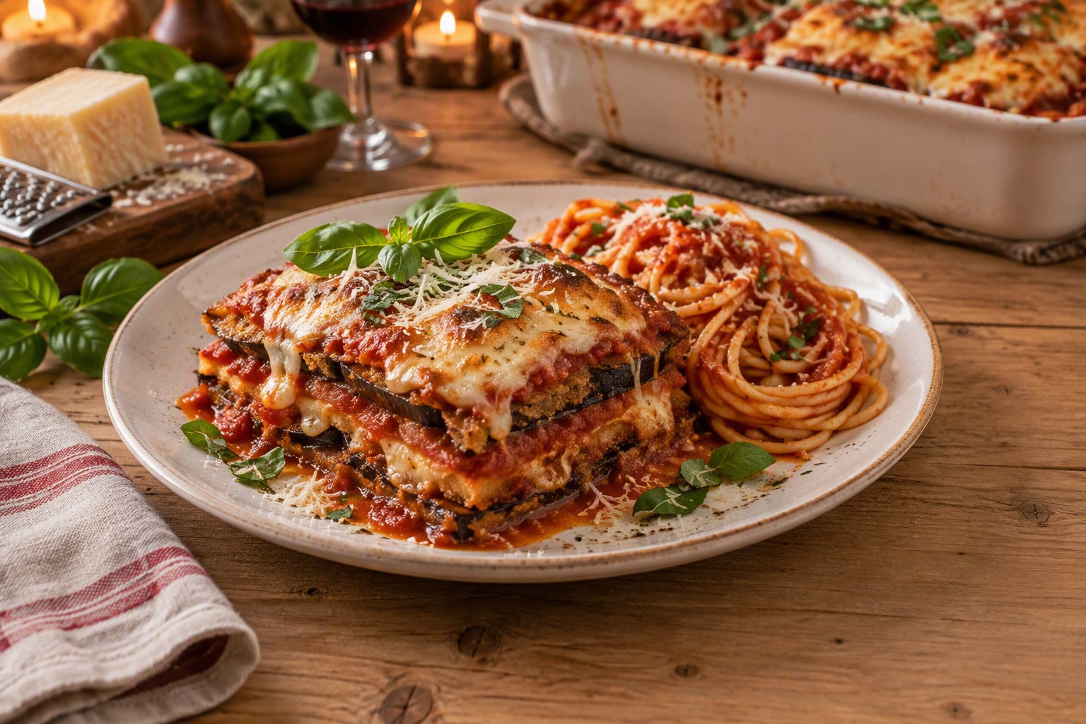 Plated square of baked eggplant Parmesan showing layers of crispy breaded eggplant, marinara and melted mozzarella, topped with fresh basil and grated Parmesan, served with spaghetti in tomato sauce, with the baking dish and a block of Parmesan with a grater behind it