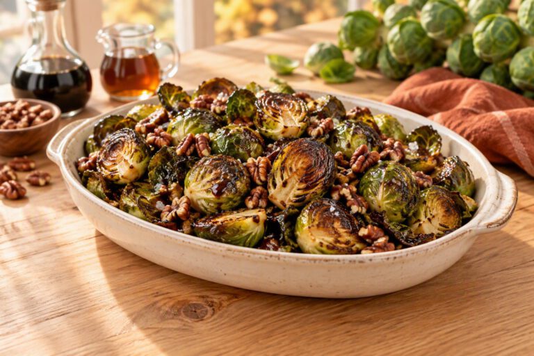 Cream oval ceramic dish of roasted Brussels sprouts with deeply browned cut sides, a sticky balsamic-maple glaze, toasted pecans and flaky salt, with bottles of balsamic vinegar and maple syrup, a bowl of pecans and fresh Brussels sprouts behind it