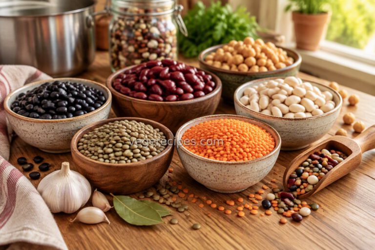 Bowls of dried black beans, kidney beans, white beans, chickpeas, green lentils and red lentils on a wooden table, with garlic, bay leaves and a wooden scoop