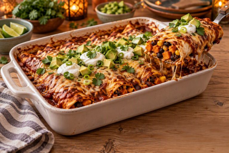 Baking dish of black bean and sweet potato enchiladas under red sauce and melted cheese, topped with sour cream, avocado, green onions and cilantro, with one enchilada lifted on a spatula showing sweet potato, black beans and corn inside, and a bowl of lime wedges nearby