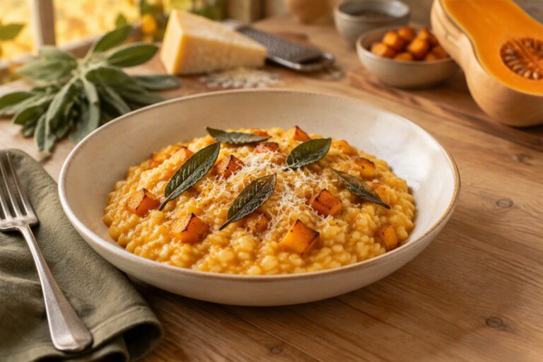 Shallow bowl of creamy golden butternut squash risotto topped with roasted squash cubes, crispy sage leaves and grated cheese, with fresh sage and a cut butternut squash behind it