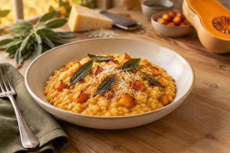 Shallow bowl of creamy golden butternut squash risotto topped with roasted squash cubes, crispy sage leaves and grated cheese, with fresh sage and a cut butternut squash behind it