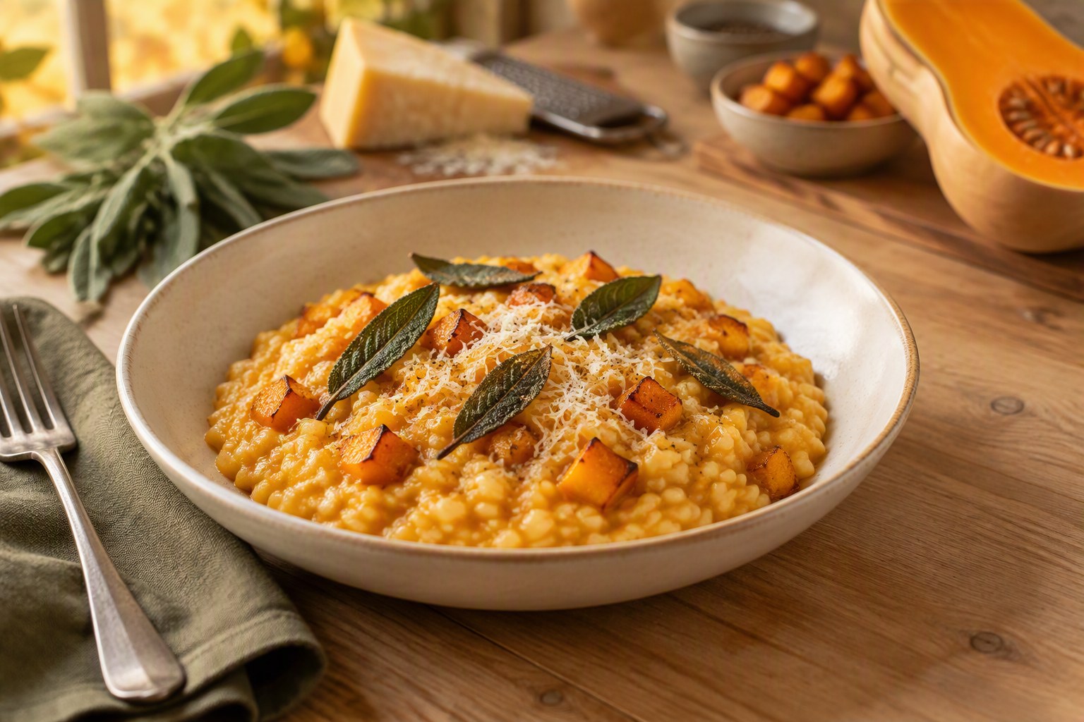 Shallow bowl of creamy golden butternut squash risotto topped with roasted squash cubes, crispy sage leaves and grated cheese, with fresh sage and a cut butternut squash behind it