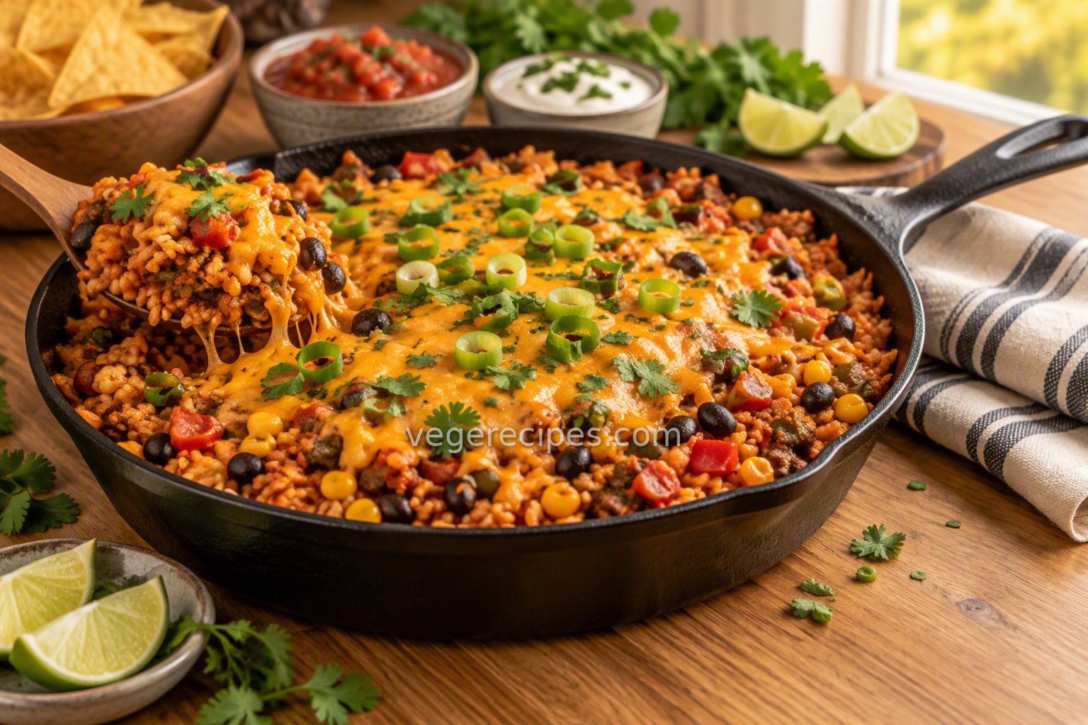 Cast-iron skillet of cheesy TVP taco rice with black beans, corn and tomatoes, topped with melted cheddar, green onions and cilantro, with salsa, sour cream and lime