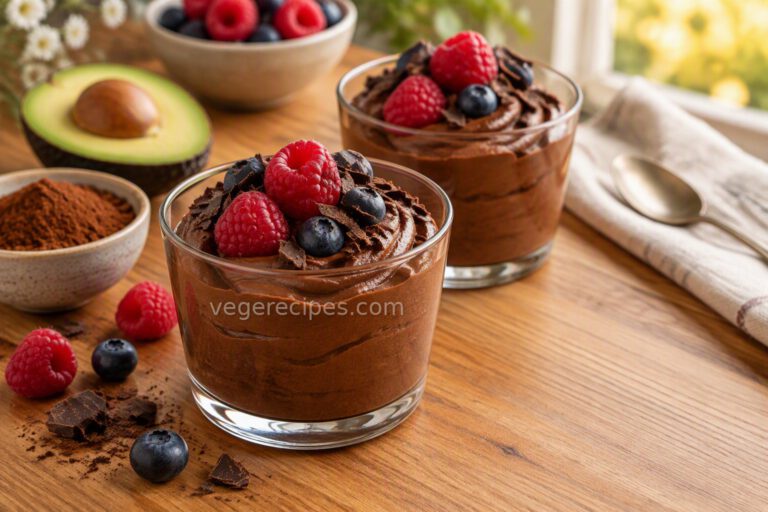 Two glass cups of chocolate avocado mousse topped with raspberries, blueberries and chocolate shavings, beside a halved avocado and a bowl of cocoa powder