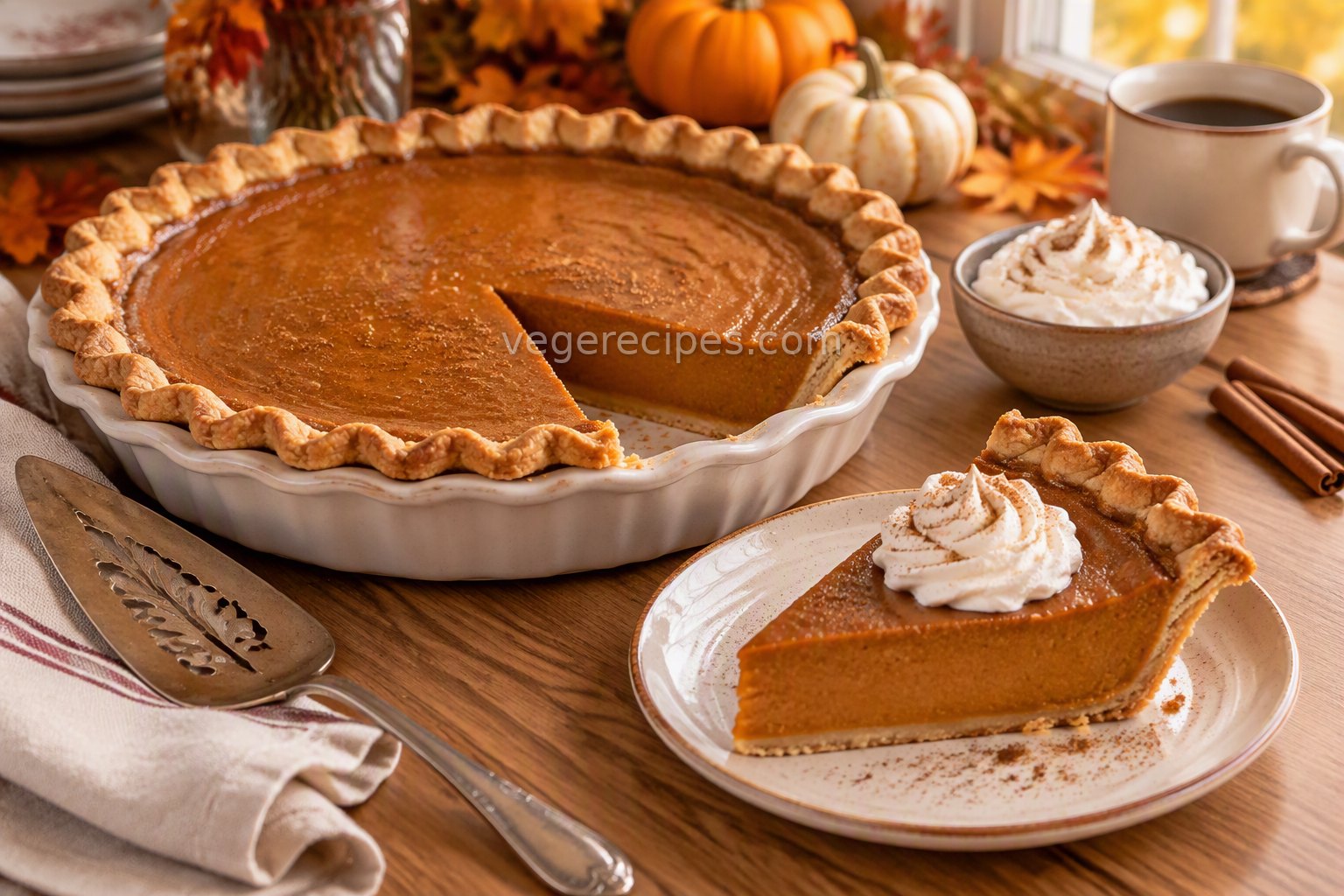 Classic pumpkin pie in a white pie dish with one slice served on a plate, topped with whipped cream and cinnamon, beside small pumpkins and a cup of coffee