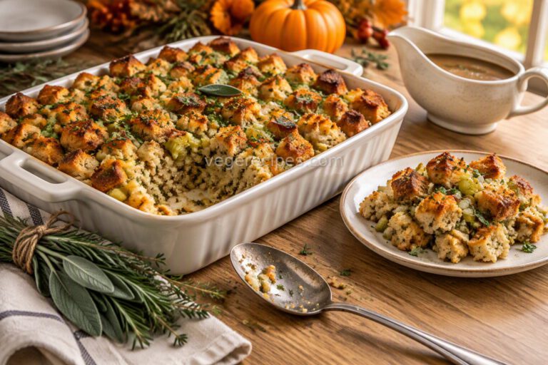 White baking dish of golden sage and herb bread stuffing with a serving on a plate, beside fresh sage and rosemary, a gravy boat and a pumpkin