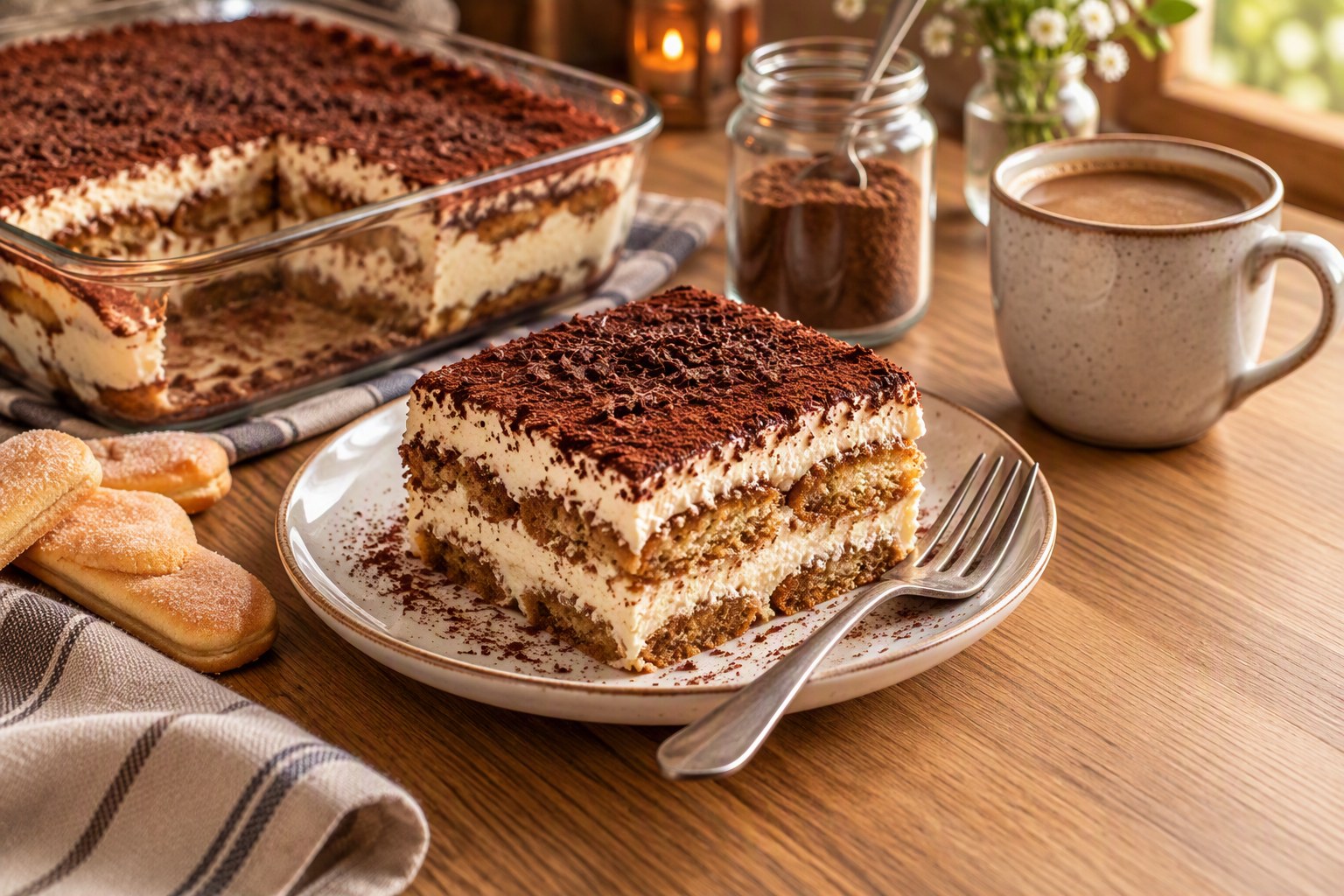 Square slice of coffee-free tiramisu on a plate showing layers of Postum-soaked ladyfingers and fluffy mascarpone cream under a cocoa and grated chocolate topping, with the rest of the tiramisu in a glass dish, a jar of grain beverage powder, a mug and ladyfingers nearby
