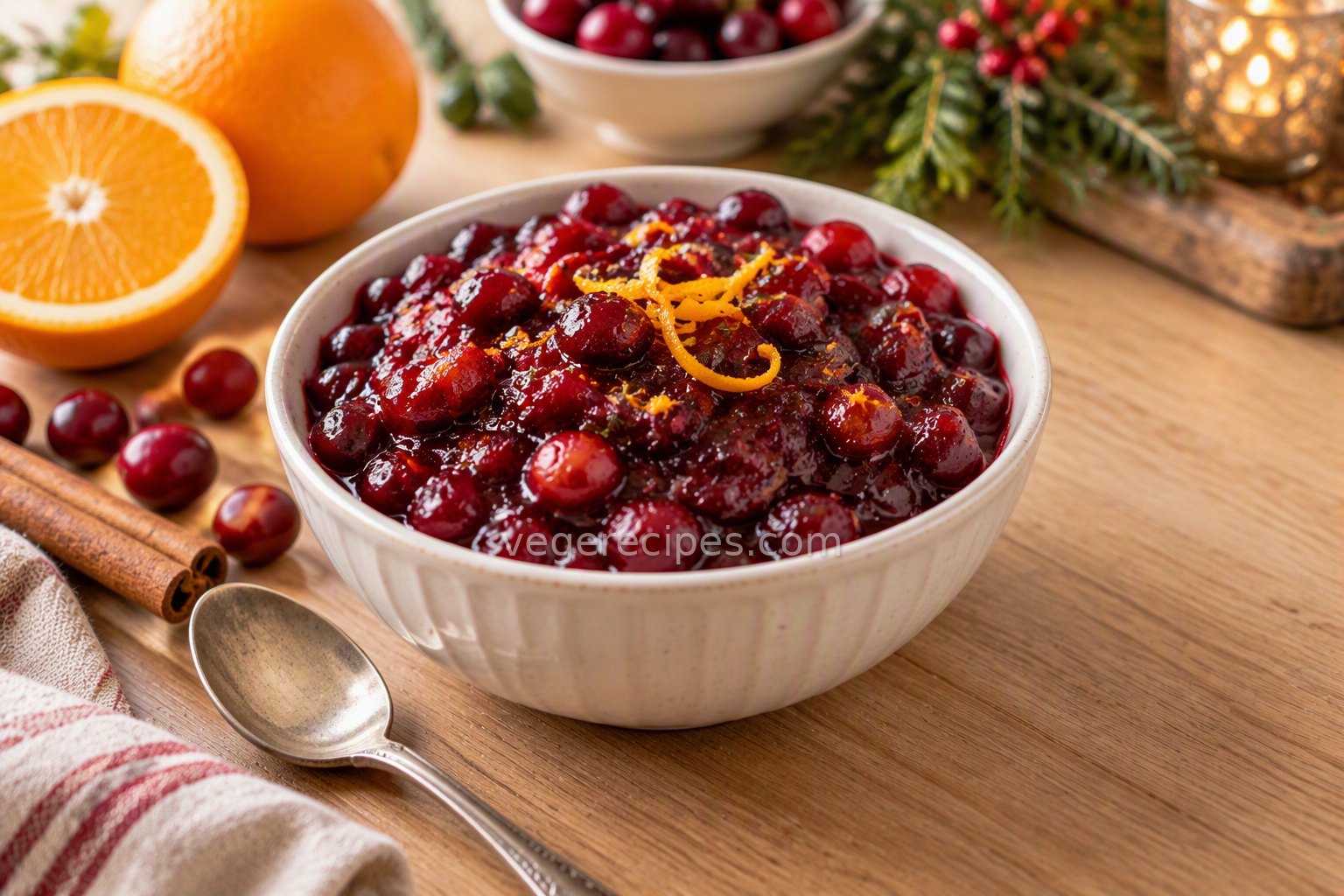 White bowl of glossy cranberry-orange sauce topped with curls of orange zest, with fresh cranberries, a halved orange and cinnamon sticks beside it