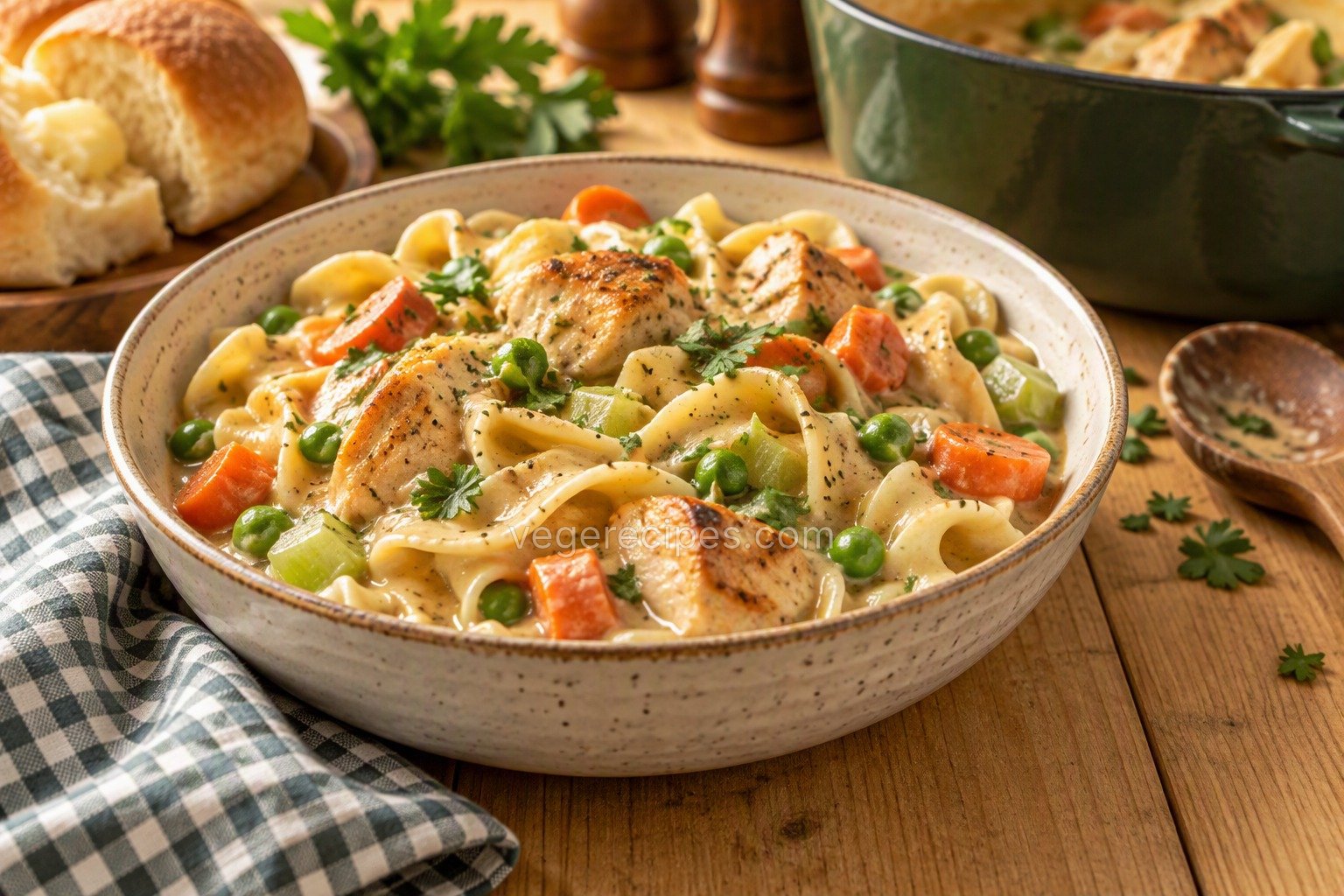 Speckled stoneware bowl of creamy chik'n and noodles with wide egg noodles, golden-browned vegetarian chik'n pieces, carrots, celery and peas in a herby gravy, garnished with parsley, with a buttered dinner roll, a green Dutch oven, a wooden spoon and a gingham napkin
