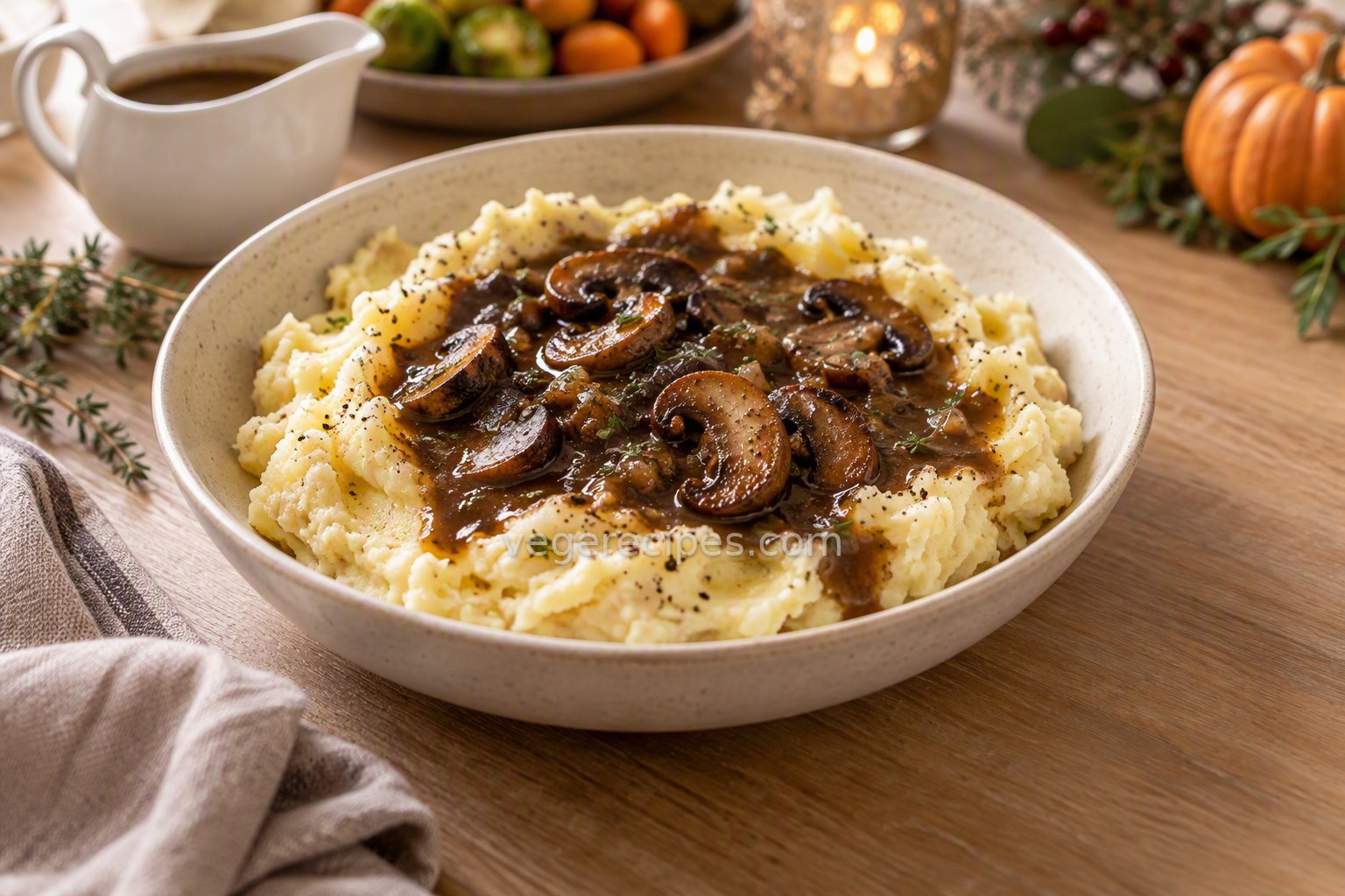 Bowl of creamy mashed potatoes topped with dark mushroom gravy, sliced browned mushrooms and fresh thyme, with a gravy boat behind it