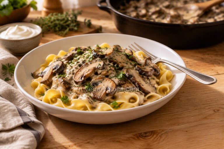 Bowl of creamy mushroom stroganoff with browned sliced mushrooms in a sour cream sauce over wide egg noodles, sprinkled with parsley, a fork on the rim, with a skillet of stroganoff, sour cream and fresh thyme behind it