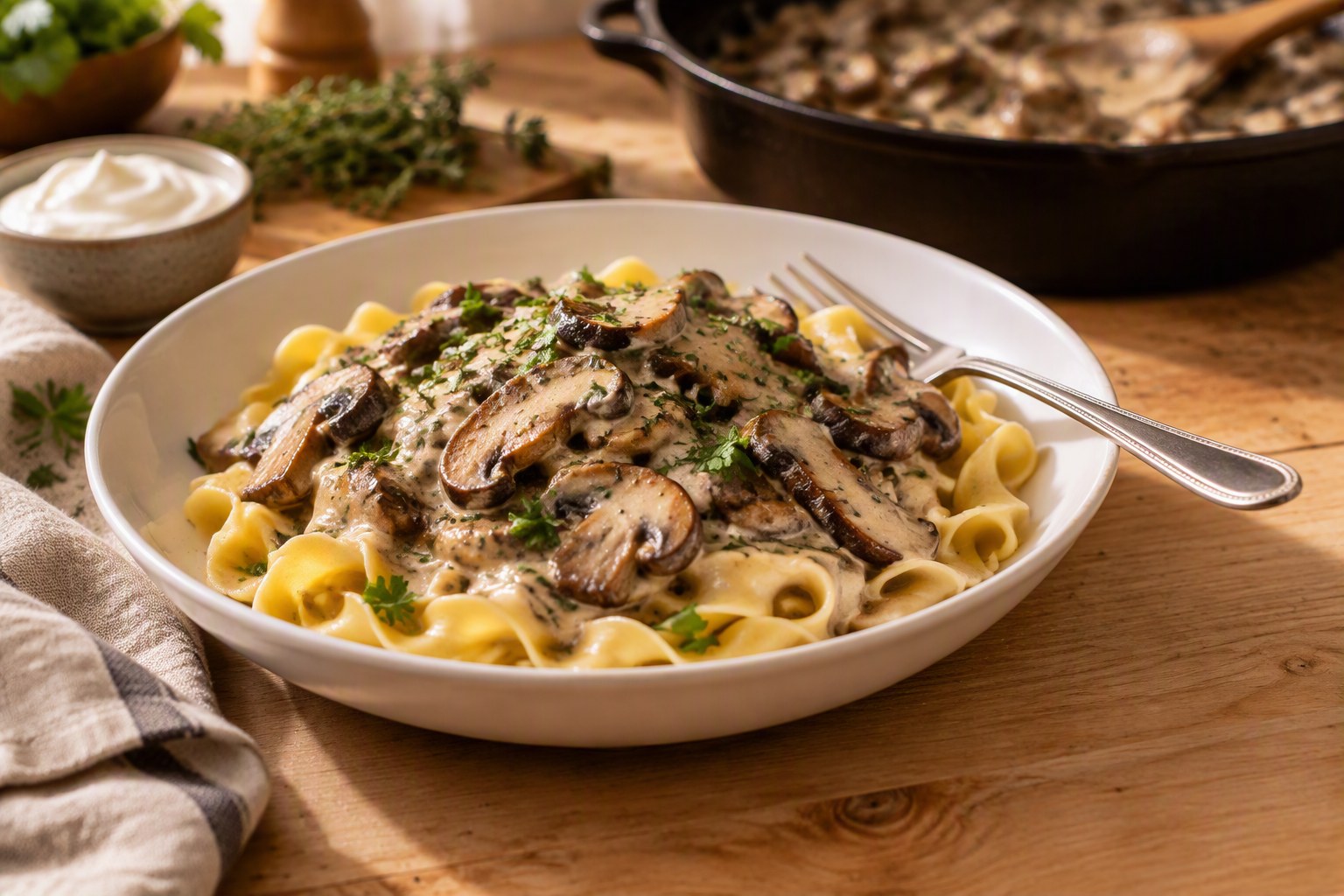 Bowl of creamy mushroom stroganoff with browned sliced mushrooms in a sour cream sauce over wide egg noodles, sprinkled with parsley, a fork on the rim, with a skillet of stroganoff, sour cream and fresh thyme behind it
