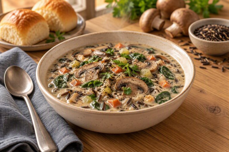 Stoneware bowl of creamy wild rice and mushroom soup with sliced mushrooms, carrots, celery, spinach and parsley, with dinner rolls, whole mushrooms and a dish of wild rice behind it