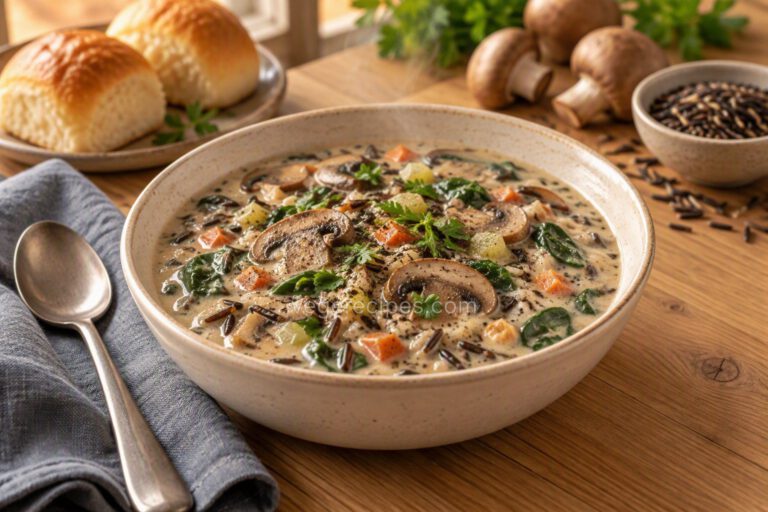 Stoneware bowl of creamy wild rice and mushroom soup with sliced mushrooms, carrots, celery, spinach and parsley, with dinner rolls, whole mushrooms and a dish of wild rice behind it