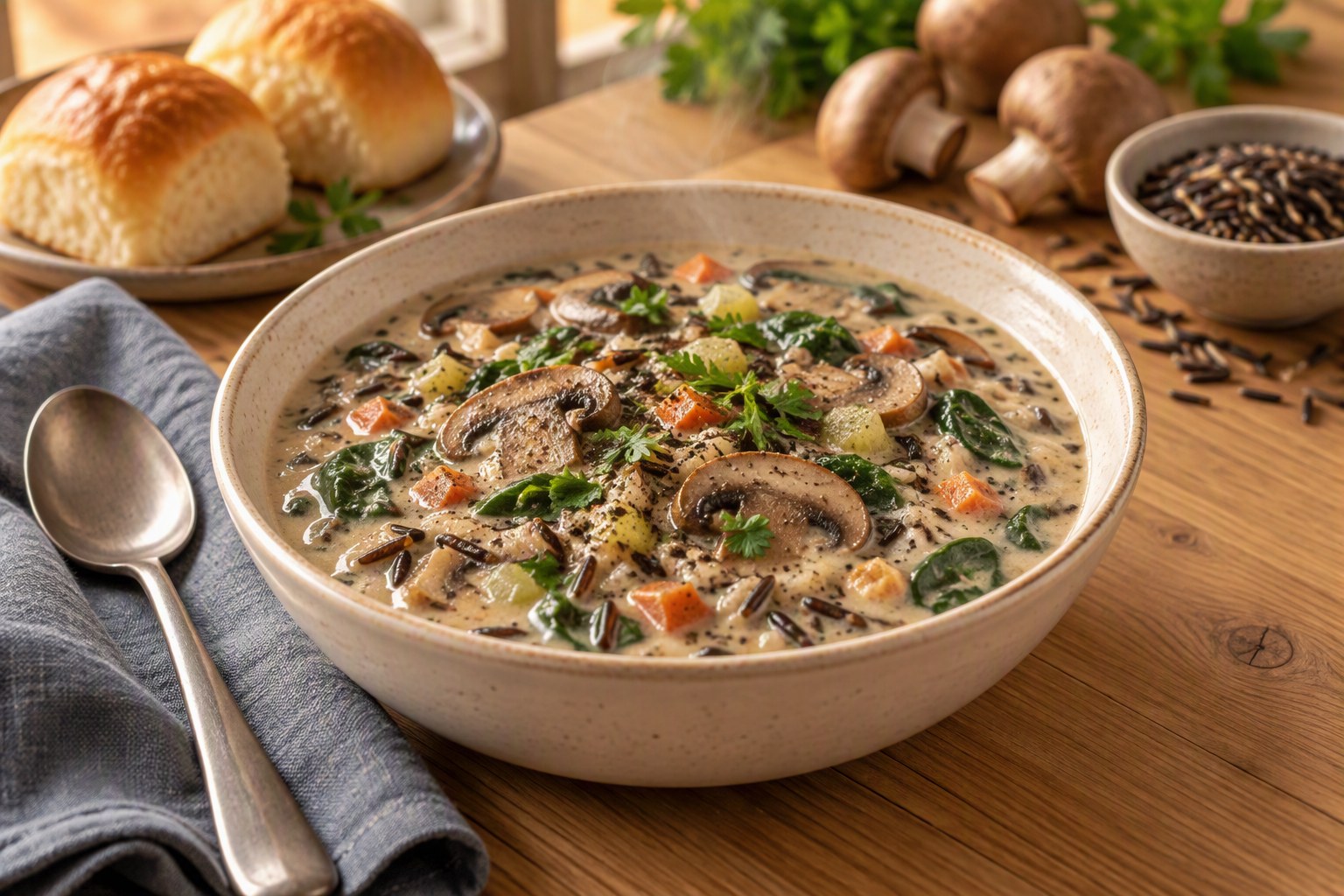 Stoneware bowl of creamy wild rice and mushroom soup with sliced mushrooms, carrots, celery, spinach and parsley, with dinner rolls, whole mushrooms and a dish of wild rice behind it