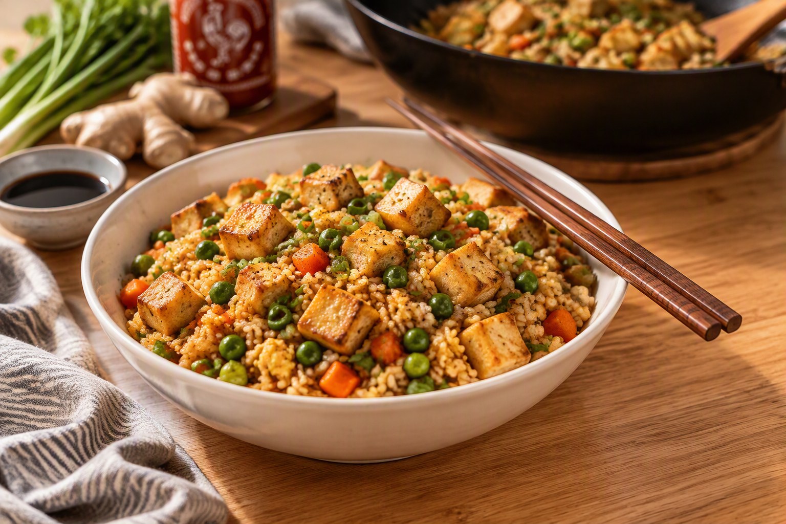 White bowl of vegetable fried rice with golden crispy tofu cubes, diced carrots, green peas and green onions, chopsticks on the rim, with a wok of fried rice, soy sauce, fresh ginger and green onions behind it