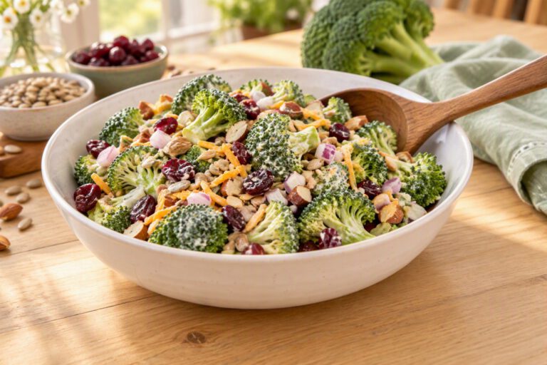 White bowl of crunchy broccoli salad with dried cranberries, red onion, shredded cheddar, sunflower seeds and chopped smoked almonds in a creamy dressing, with a wooden spoon, fresh broccoli and small bowls of cranberries and sunflower seeds behind it
