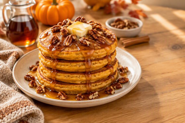 Stack of four fluffy pumpkin pancakes on a cream plate topped with a pat of butter, toasted pecans and dripping maple syrup, with a syrup pitcher, small pumpkins, cinnamon sticks and a bowl of pecans behind it