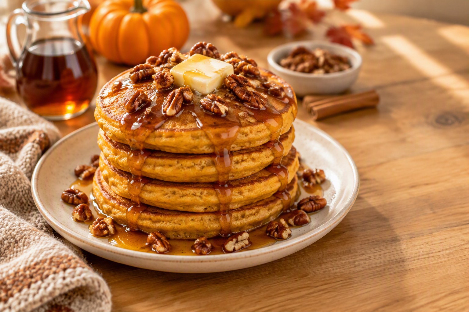 Stack of four fluffy pumpkin pancakes on a cream plate topped with a pat of butter, toasted pecans and dripping maple syrup, with a syrup pitcher, small pumpkins, cinnamon sticks and a bowl of pecans behind it