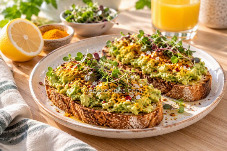 Two slices of sourdough toast topped with smashed avocado, golden turmeric, red pepper flakes and microgreens, with a lemon half and a glass of orange juice