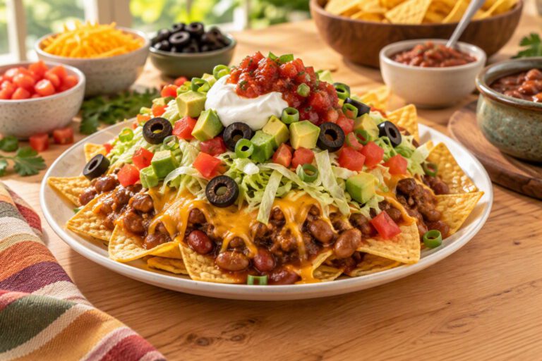 Plate of haystacks: corn chips topped with seasoned beans, melted cheddar, shredded lettuce, diced tomatoes, black olives, green onions, avocado, sour cream and salsa, with bowls of cheese, tomatoes, olives, salsa, beans and chips behind it