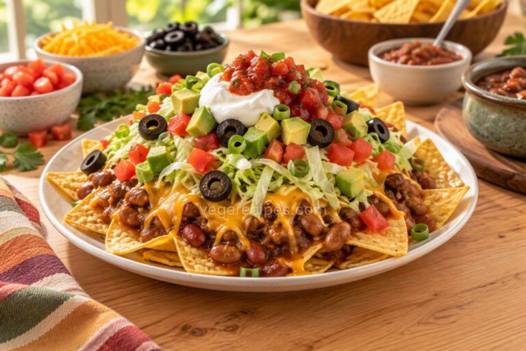 Plate of haystacks: corn chips topped with seasoned beans, melted cheddar, shredded lettuce, diced tomatoes, black olives, green onions, avocado, sour cream and salsa, with bowls of cheese, tomatoes, olives, salsa, beans and chips behind it