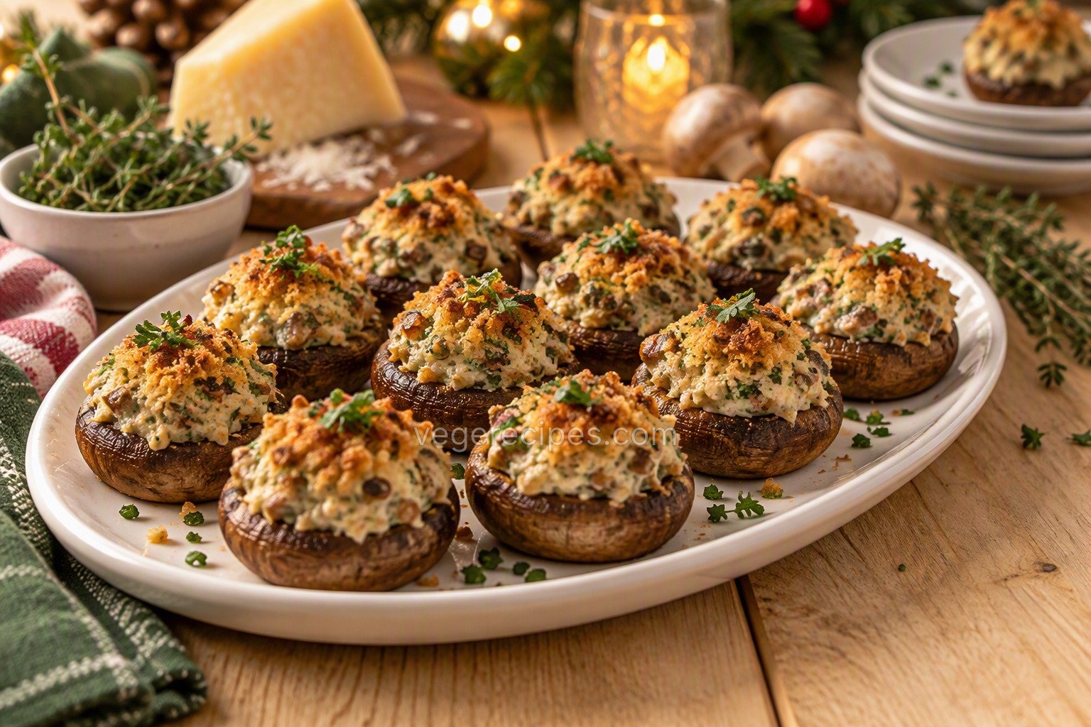White oval platter of stuffed mushroom caps mounded with a creamy herb and cheese filling and golden toasted panko, garnished with parsley, with a wedge of cheese, fresh thyme, whole mushrooms and small plates behind it