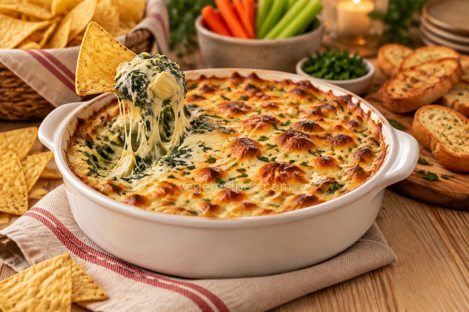 White baking dish of hot spinach artichoke dip with a browned, bubbly cheese top, a tortilla chip lifting a stretchy scoop with spinach and artichoke, surrounded by tortilla chips, toasted baguette slices and carrot and celery sticks