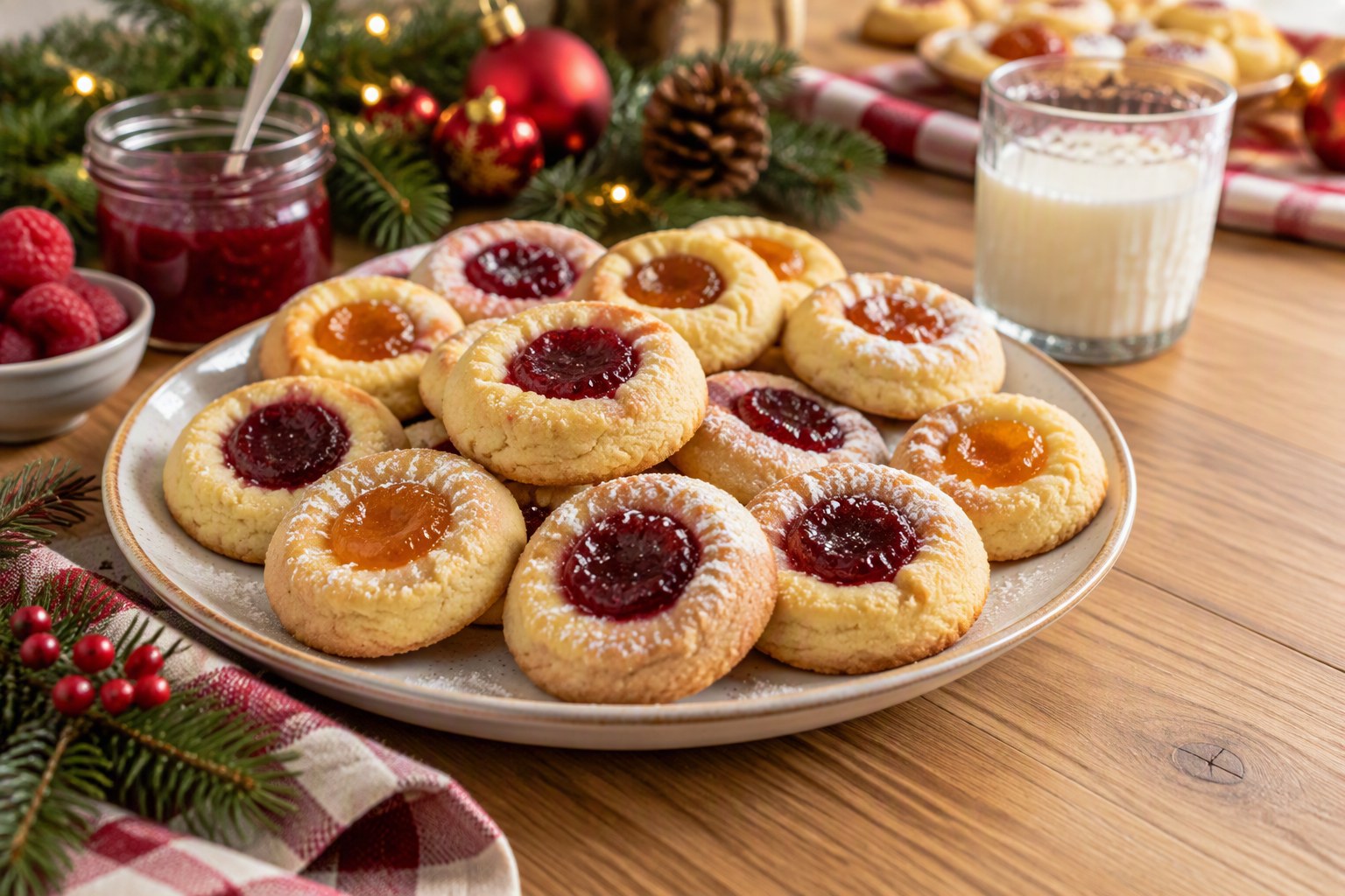 Plate of buttery jam thumbprint cookies with shiny raspberry and apricot jam centers, some dusted with powdered sugar, with a jar of raspberry jam, a glass of milk, fresh raspberries, evergreen sprigs and red Christmas ornaments around them