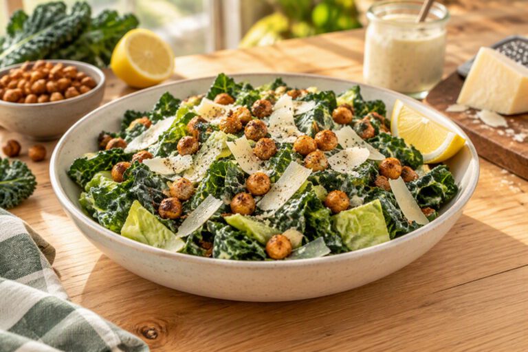 Stoneware bowl of kale Caesar salad with lacinato kale and romaine in creamy dressing, topped with crispy roasted chickpeas, shaved Parmesan-style cheese, black pepper and a lemon wedge, with a jar of dressing, a wedge of cheese and a bowl of chickpeas behind it