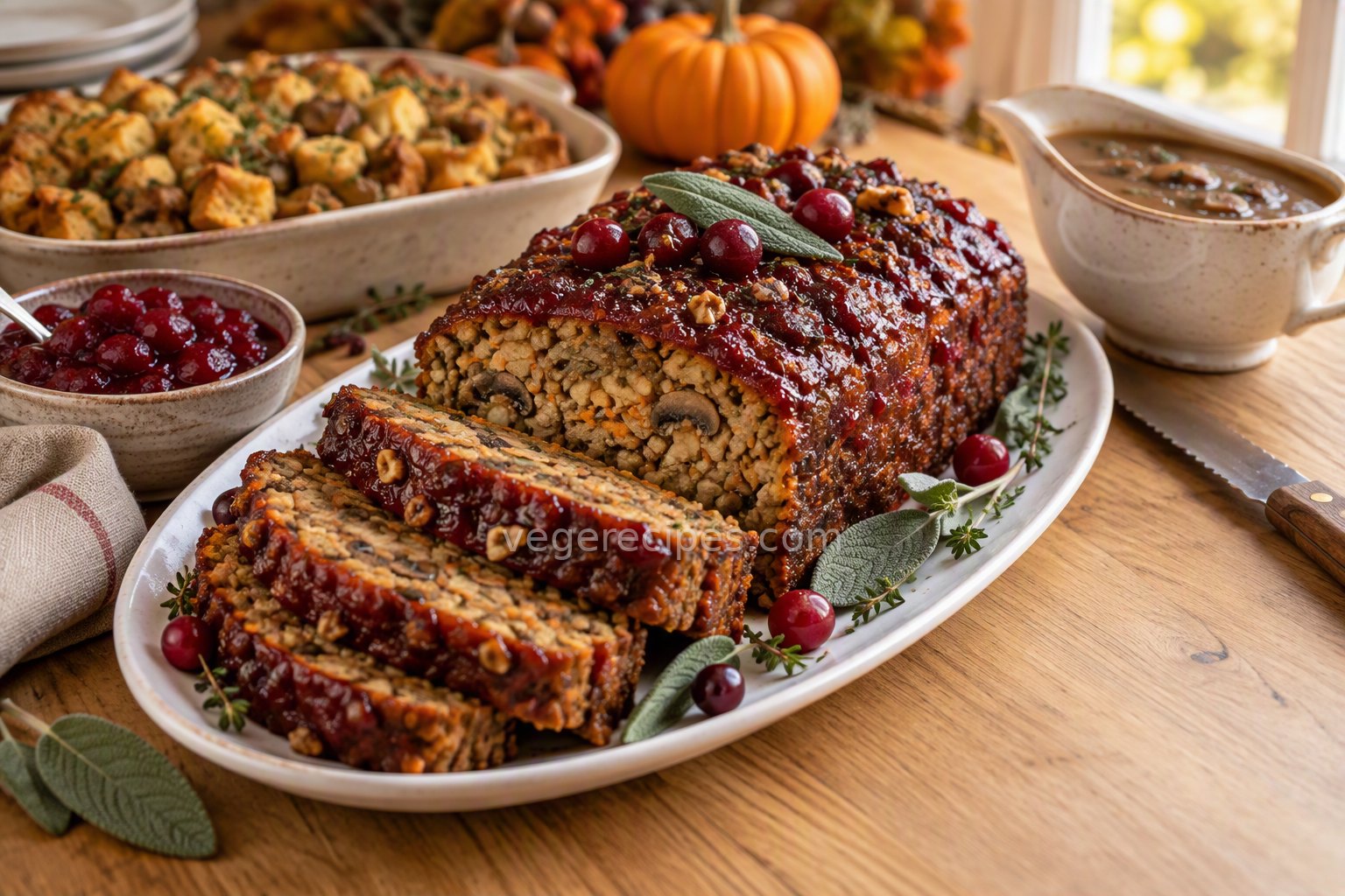 Sliced lentil walnut holiday loaf with a cranberry-maple glaze on a white platter, garnished with sage and cranberries, with stuffing, cranberry sauce and mushroom gravy