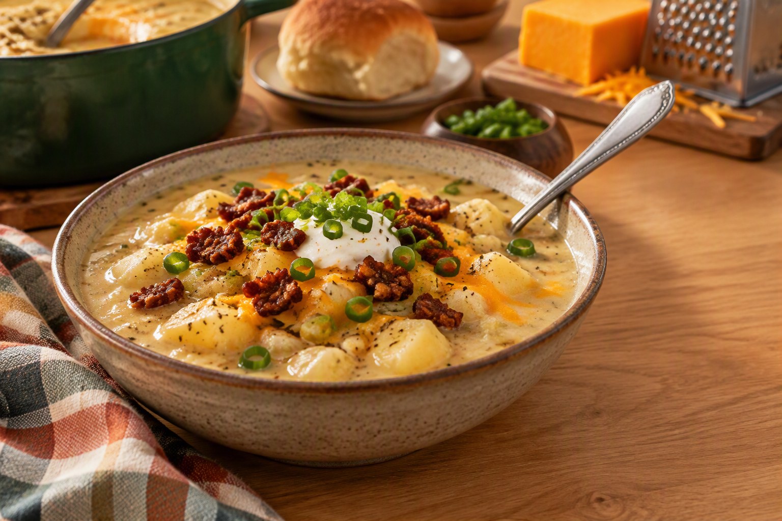 Stoneware bowl of creamy loaded baked potato soup with tender potato chunks, topped with melted cheddar, a dollop of sour cream, sliced green onions and crumbled tempeh bacon, a spoon in the bowl, with a Dutch oven, dinner roll and block of cheddar behind it