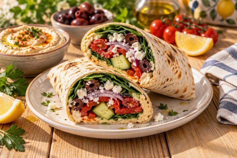 Mediterranean veggie wrap cut in half and stacked on a plate, showing hummus, spinach, cucumber, red onion, Kalamata olives and crumbled feta inside a toasted tortilla, with a bowl of hummus, olives, cherry tomatoes and lemon wedges behind it