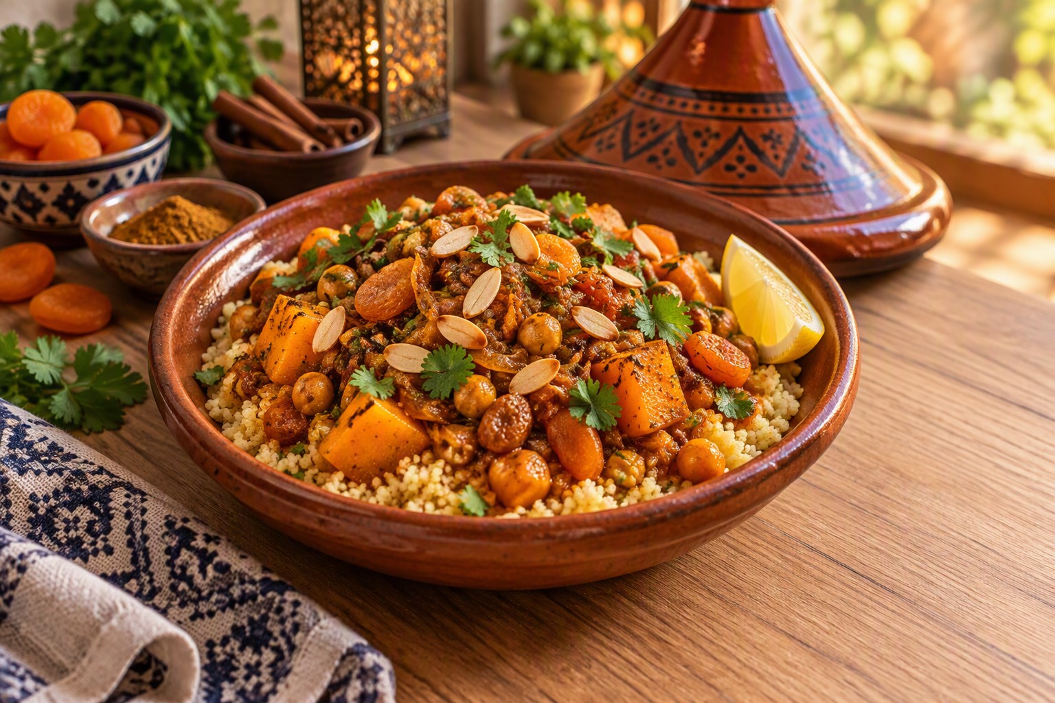 Terracotta bowl of Moroccan chickpea and butternut squash tagine over couscous, with squash cubes, chickpeas and dried apricots in a spiced tomato sauce, topped with toasted almonds, cilantro and a lemon wedge, with a clay tagine pot, cinnamon sticks and apricots nearby