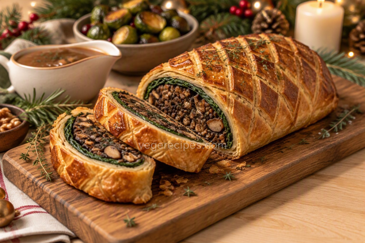 Golden scored puff-pastry mushroom and lentil Wellington on a wooden board with two slices cut, showing a spinach layer around a dark mushroom, lentil and walnut filling, with mushroom gravy, roasted Brussels sprouts, thyme and a candle behind it