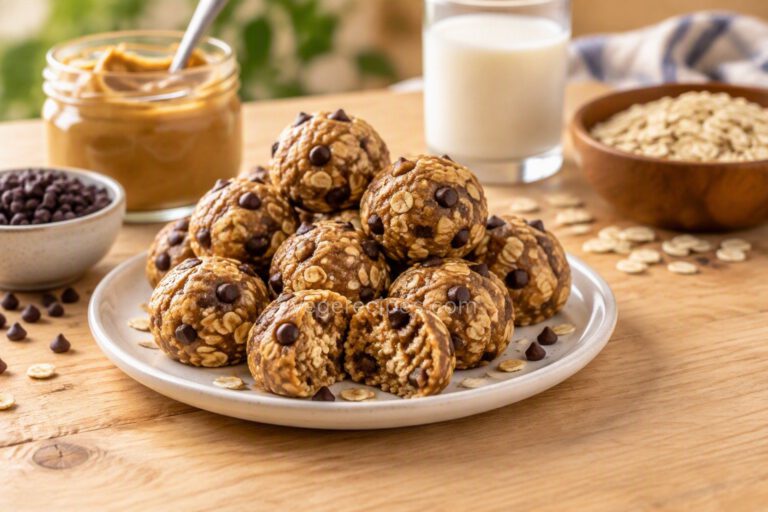 White plate piled with no-bake peanut butter energy bites studded with rolled oats and mini chocolate chips, one broken open to show the chewy inside, with a jar of peanut butter, a bowl of chocolate chips, a bowl of oats and a glass of milk behind it