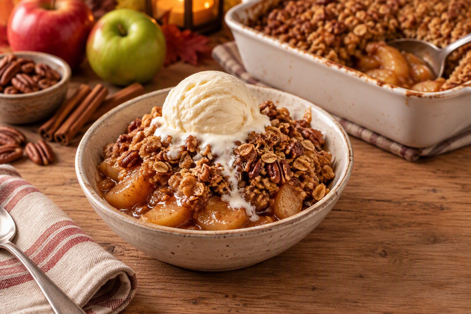 Bowl of warm apple crisp with tender cinnamon apples under a crunchy oat and pecan topping, crowned with a melting scoop of vanilla ice cream, with the baking dish, red and green apples, cinnamon sticks and pecans behind it