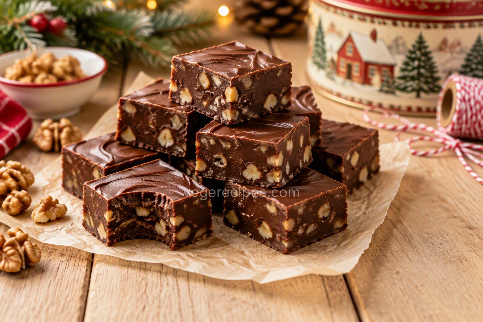 Squares of glossy chocolate walnut fudge stacked on parchment, one with a bite taken out, with walnuts, a Christmas cookie tin, red-and-white baker's twine and evergreen sprigs on a wooden table